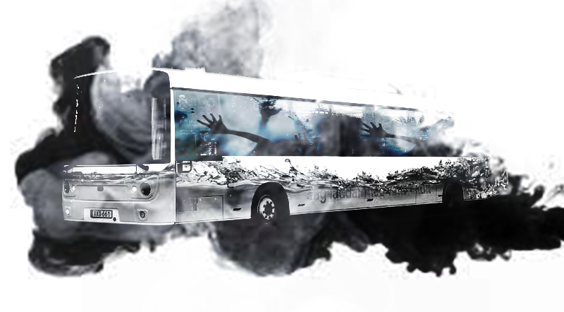 LLTs elbuss är photoshoppad till en spökbuss och omgiven av en grå dimma. I fönstrerna ser man genom diset händer som sträcker sig mot glaset