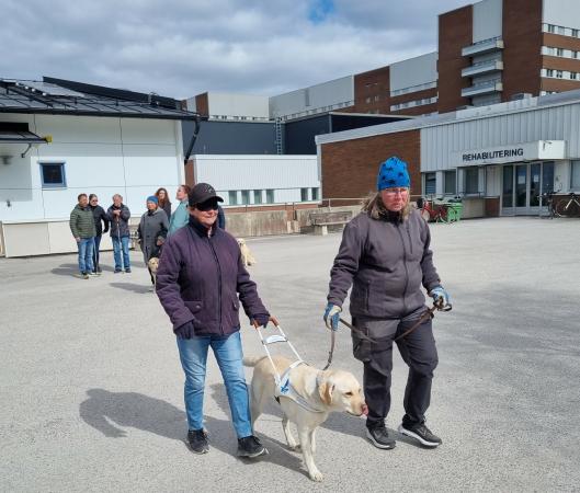 Agneta och Laila är utomhus. Mellan sig har de ledarhund som går i sele. Agneta har en bindel för ögonen. Laila håller i kopplet.
